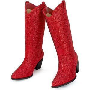 🆕Women’s Red Rhinestone Cowboy Boots Mid Calf Pointed Toe Sparkly Block Heel